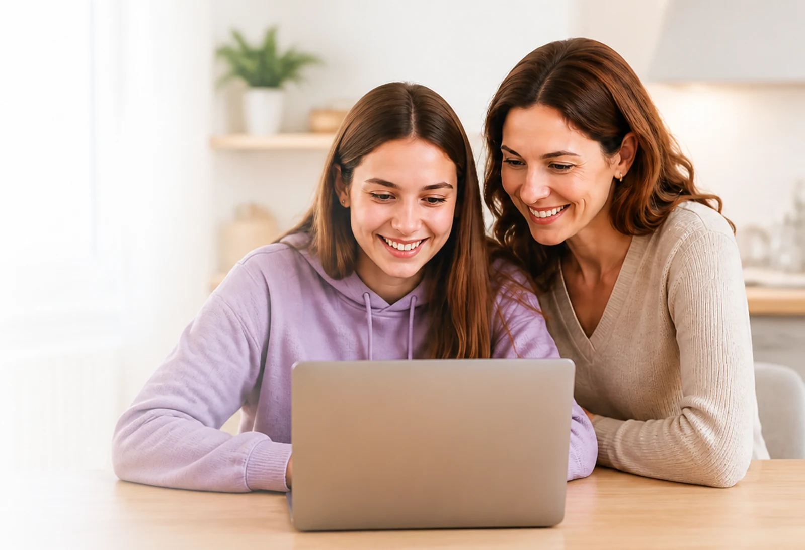 Une mère et sa fille lycéenne sourient en préparant leur orientation devant un ordinateur